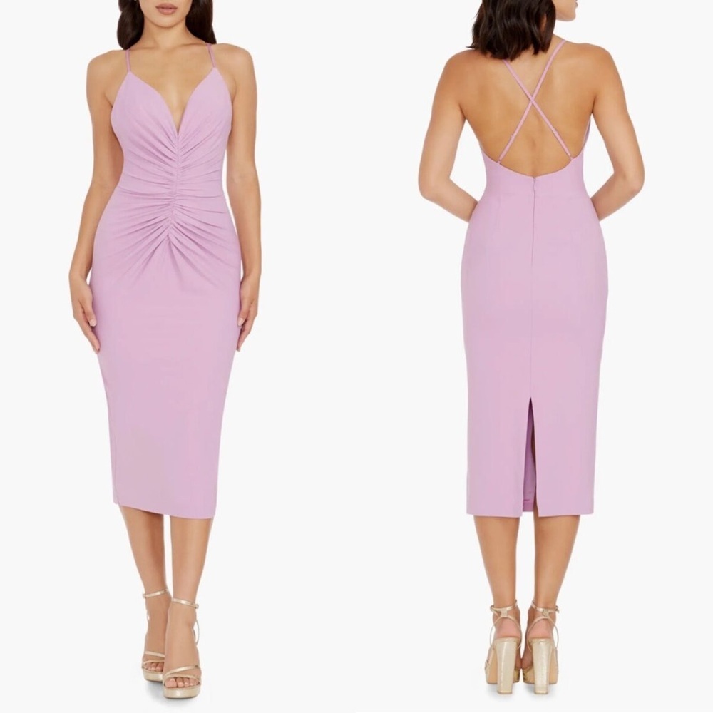 Dress The Population Viv Ruched Dress Lavender Sleeveless Midi Size S FLAWED